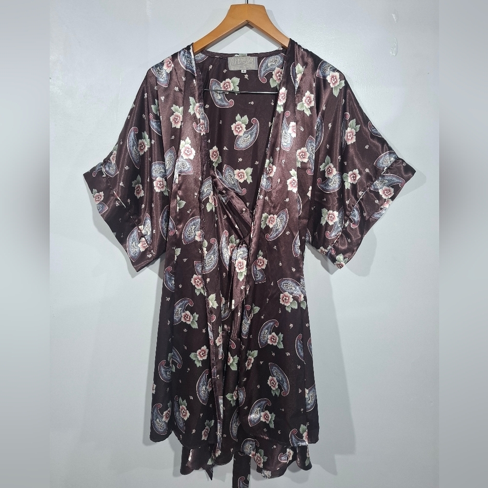 Vintage R MICHAEL ALAN Satin Nightgown And Robe SET S Brown Pink Paisley Floral